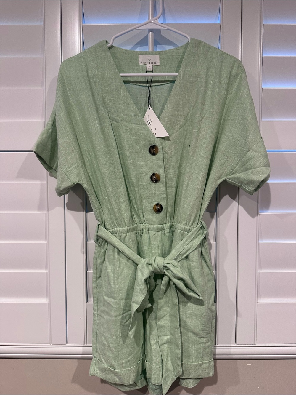Lost + Wander Mint Green Short Sleeve Tie-Waist Romper from Anthropology